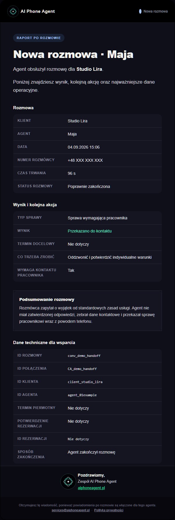 Przykładowy mail po sprawie wymagającej kontaktu pracownika